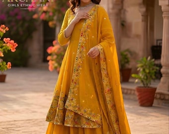 Premium Beautiful Yellow Heavy Embroidered Sequence work Salwar Kameez with Dupatta,Haldi outfit, Wedding Anarkali, Party wear Dress