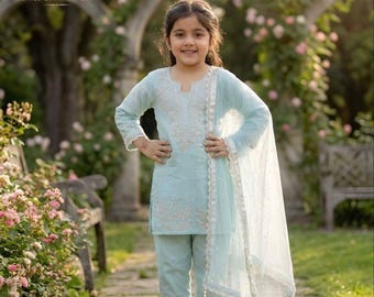 Beautiful Blue Silk Salwar Kameez for Girl,Stitched Girl kurti pant with dupatta set, Kids wear 3PC,Kids wear, Indian Kids Salwar Kameez