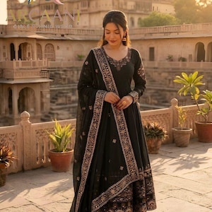 Designer Premium  Black Heavy Embroidered Sequence work Salwar Kameez with Dupatta, Party wear Dress, Function wear,Black Anarkali