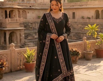 Designer Premium  Black Heavy Embroidered Sequence work Salwar Kameez with Dupatta, Party wear Dress, Function wear,Black Anarkali