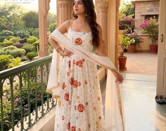 White Anarkali Designer 3 pc Embroidered with Sequence Work Gown With Dupatta, Anarkali Gown, Pakistani Georgette gown, Full flared Gown