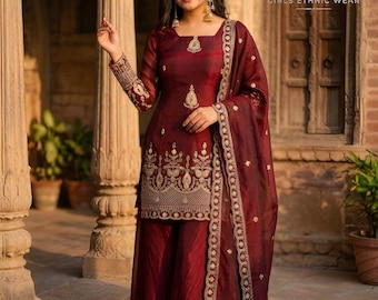 Premium Maroon Sharara Suit for Women, Ready to Wear Pakistani Salwar Kameez, Wedding Party Palazzo Suit with Dupatta, 3 Piece Palazzo Suit