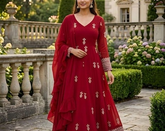 Premium Elegant Red Full Flared Luxury Anarkali Suit , Georgette Floor Length Gown with Matte Sequins, Partywear Anarkali, Indian Outfit