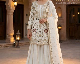 Latest Designer White Sharara Suit Salwar Kameez with Dupatta 3pc Set Readymade , Pakistani Suit ,Sharara for Women,Indian Outfit Punjabi
