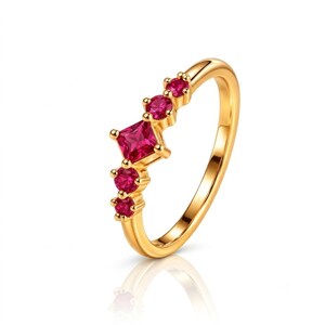 Anillo de rubí talla princesa, delicado anillo de promesa de plata de ley 925, regalo de aniversario para ella.