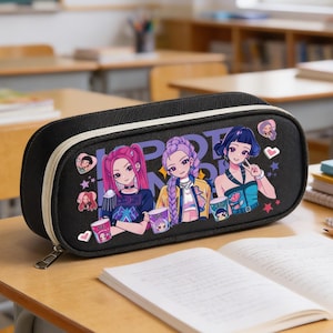 K-Pop Demon Hunters-inspirerat pennfodral | Rumi Mira Zoey | Stor pennficka med dragkedja | K-Pop brevpappersväska | Gåva till skolan