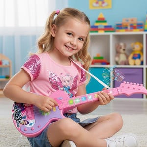 Peut inclure: Une jeune fille sourit en tenant une guitare jouet rose avec une sangle blanche. La guitare a un corps violet, des lumières colorées et le texte "KPOP Demon Hunters". Elle porte un t-shirt rose avec des manches à paillettes et un motif.