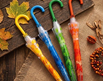 Paraguas transparente con forma de hoja de arce, paraguas de cúpula transparente con mango de color, paraguas para la lluvia de otoño, accesorio para fotos, regalo