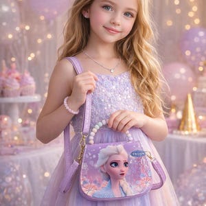 May include: A young girl in a lavender dress and matching bow, holding a purple purse featuring Elsa from Frozen. The purse has a beaded handle and gold-colored hardware. The background includes balloons and decorative elements.