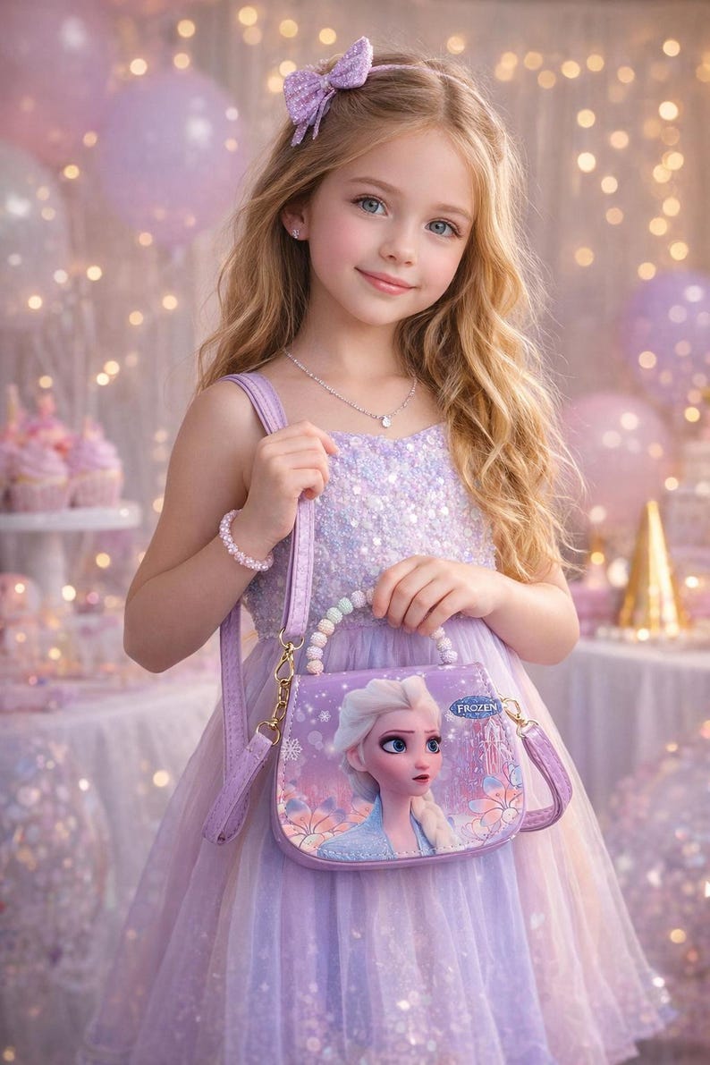 May include: A young girl in a lavender dress and matching bow, holding a purple purse featuring Elsa from Frozen. The purse has a beaded handle and gold-colored hardware. The background includes balloons and decorative elements.