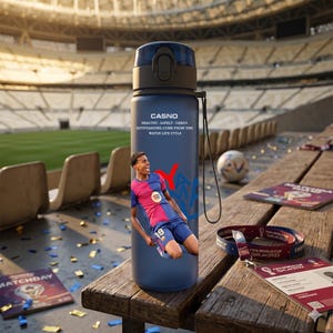 May include: A navy blue water bottle with a black lid and a black strap. The bottle features a soccer player graphic and the text "CASNO HEALTHY SAFELY GREEN OUTSTANDING COME FROM THE WATER LIFE STYLE". A soccer ball and FIFA World Cup 2022 items are on a wooden surface.
