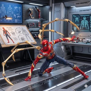 K&ouml;nnte beinhalten: Eine detaillierte Actionfigur von Spider-Man in dynamischer Pose, mit einem rot-goldenen Anzug und goldenen mechanischen Armen. Die Figur befindet sich in einer Stark Industries Werkstatt, mit Blaupausen und technischen Displays.