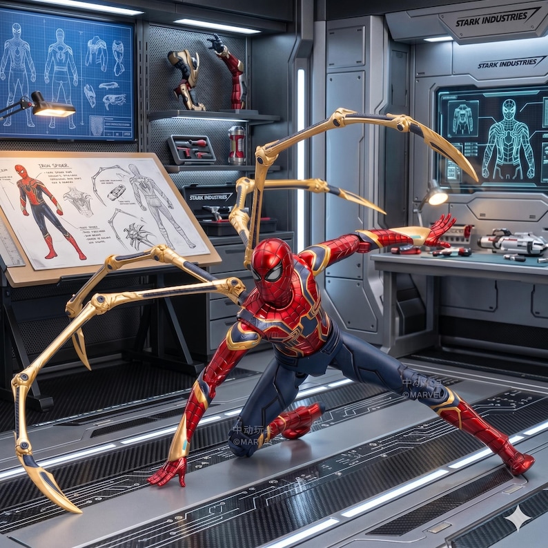 K&ouml;nnte beinhalten: Eine detaillierte Actionfigur von Spider-Man in dynamischer Pose, mit einem rot-goldenen Anzug und goldenen mechanischen Armen. Die Figur befindet sich in einer Stark Industries Werkstatt, mit Blaupausen und technischen Displays.
