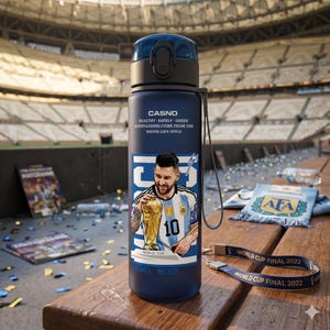 May include: A navy blue water bottle featuring a graphic of Lionel Messi holding the World Cup trophy. The bottle has a black lid and a strap. Text on the bottle reads "CASNO" and "WORLD CUP FINAL 2022".