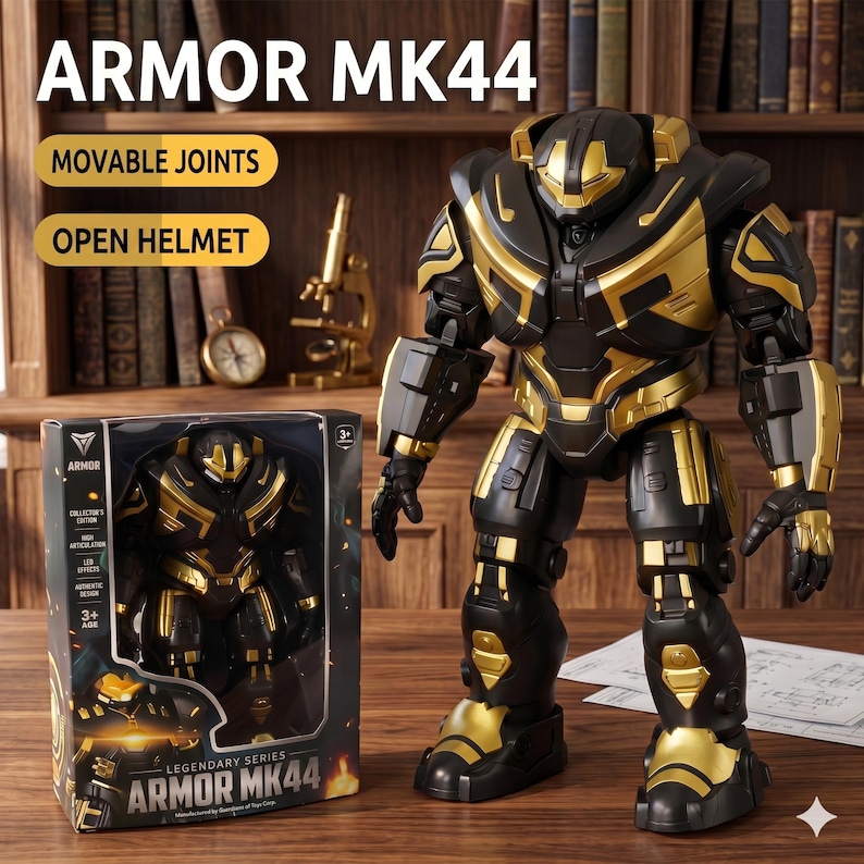 K&ouml;nnte beinhalten: Eine schwarze und goldene Armor MK44 Actionfigur mit beweglichen Gelenken und offenem Helm. Das Spielzeug wird neben seiner Box gezeigt, die ebenfalls das Armor MK44-Design aufweist. Die Box gibt an, dass das Spielzeug f&uuml;r Kinder ab 3 Jahren geeignet ist.