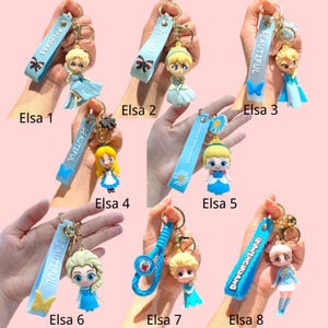 Puede incluir: Colecci&oacute;n de ocho llaveros con personajes de dibujos animados. Cada llavero tiene una correa azul con texto y una peque&ntilde;a figura. Las figuras incluyen a Elsa, Cenicienta y Alicia en el Pa&iacute;s de las Maravillas. Los llaveros tienen anillos met&aacute;licos dorados.
