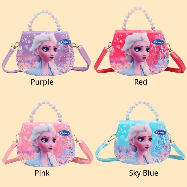 May include: A collection of four small purses in purple, red, pink, and sky blue. Each purse features a cartoon image of a princess and the word "FROZEN". The purses have beaded handles and adjustable shoulder straps.