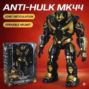 K&ouml;nnte beinhalten: Eine schwarze und goldene Anti-Hulk MK44 Actionfigur mit Gelenkverbindungen und einem zu &ouml;ffnenden Helm. Die Figur wird neben ihrer Box gezeigt, auf der der Text "Armor MK44" steht. Der Hintergrund ist rot.