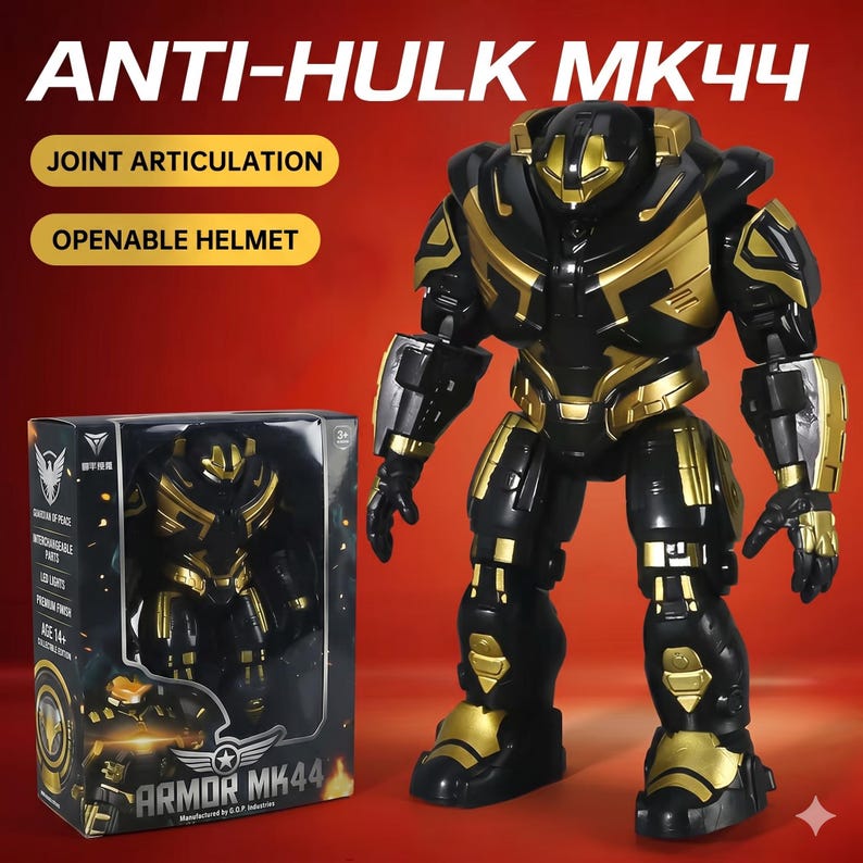 K&ouml;nnte beinhalten: Eine schwarze und goldene Anti-Hulk MK44 Actionfigur mit Gelenkverbindungen und einem zu &ouml;ffnenden Helm. Die Figur wird neben ihrer Box gezeigt, auf der der Text "Armor MK44" steht. Der Hintergrund ist rot.