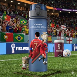 May include: A blue water bottle featuring a soccer player in a red uniform with the number 7. The bottle has a gray cap and a strap. Text on the bottle reads "CASNO" and "HEALTHY SAFELY GREEN OUTSTANDING.COME FROM THE WATER LIFE STYLE."