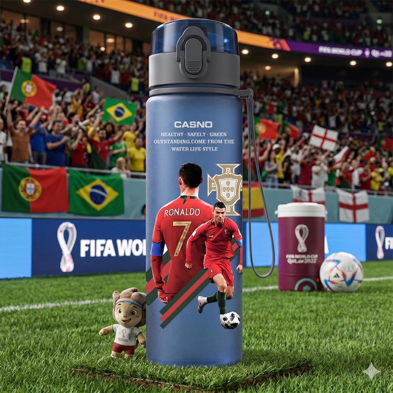 May include: A blue water bottle featuring a soccer player in a red uniform with the number 7. The bottle has a gray cap and a strap. Text on the bottle reads "CASNO" and "HEALTHY SAFELY GREEN OUTSTANDING.COME FROM THE WATER LIFE STYLE."