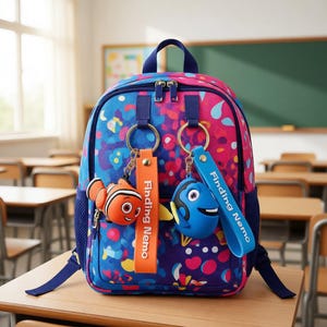 May include: A colorful backpack with a floral pattern in blue, pink, and purple. It features a top handle, adjustable straps, and two keychains with cartoon fish characters and the text "Finding Nemo".