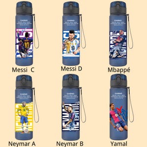May include: A collection of six navy blue insulated water bottles. Each bottle features a different soccer player graphic, including Messi, Mbapp&eacute;, Neymar, and Yamal. The bottles have a black cap and a carrying strap. The text "CASNO" is printed on each bottle.