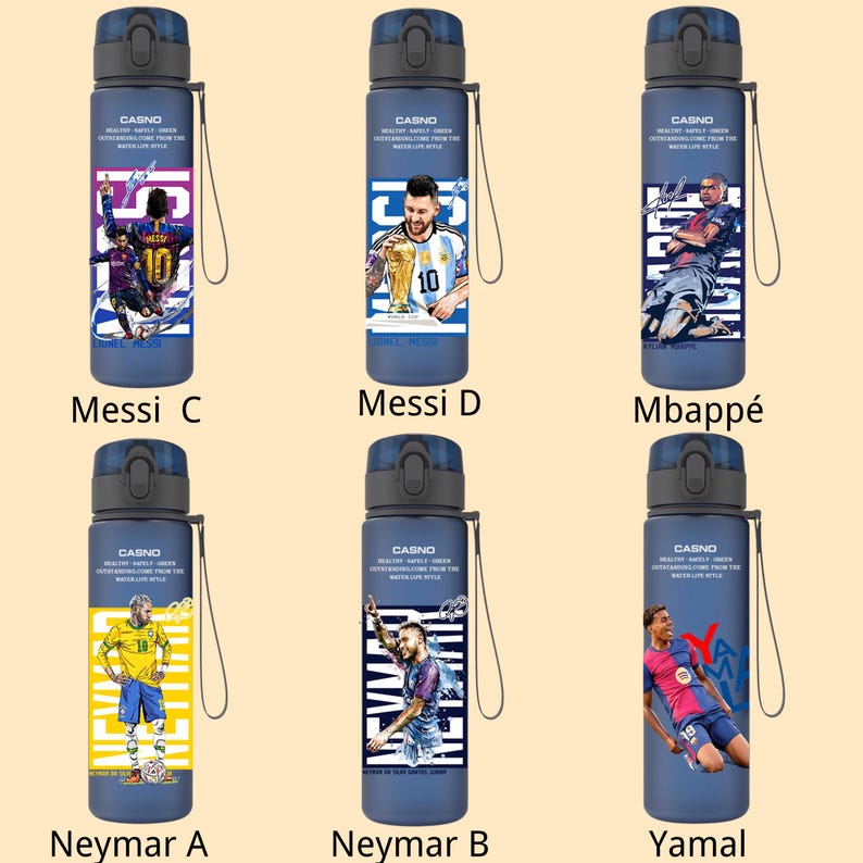 May include: A collection of six navy blue insulated water bottles. Each bottle features a different soccer player graphic, including Messi, Mbapp&eacute;, Neymar, and Yamal. The bottles have a black cap and a carrying strap. The text "CASNO" is printed on each bottle.