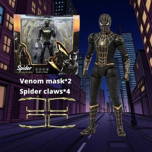K&ouml;nnte beinhalten: Schwarze und goldene Spider-Man-Actionfigur mit passender Box, mit dem Text "Venom mask*2" und "Spider claws*4". Die Figur hat ein detailliertes Design mit goldenen Akzenten und posiert vor einer Stadtkulisse.