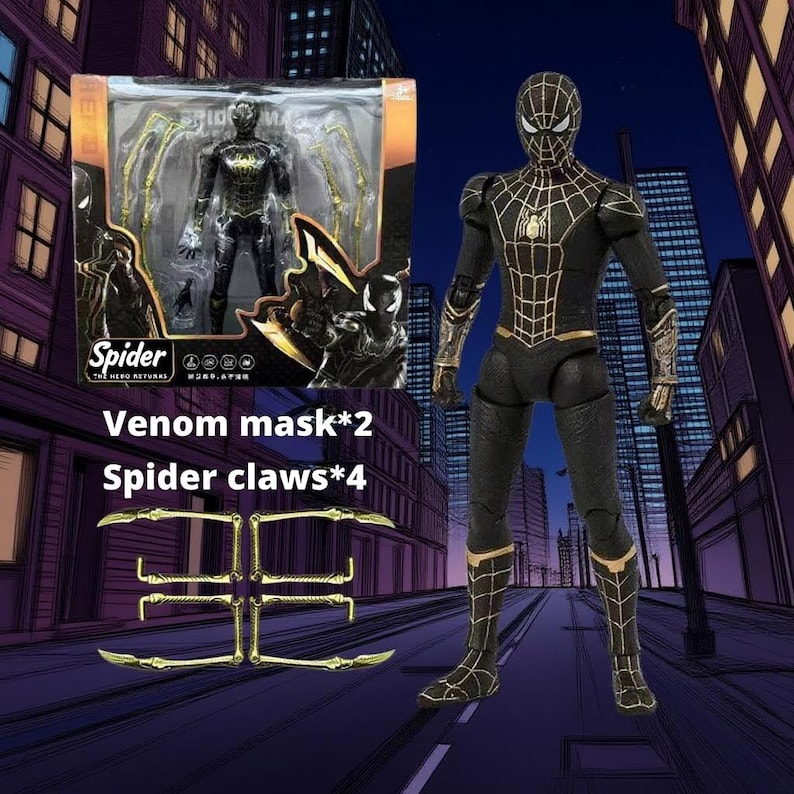 K&ouml;nnte beinhalten: Schwarze und goldene Spider-Man-Actionfigur mit passender Box, mit dem Text "Venom mask*2" und "Spider claws*4". Die Figur hat ein detailliertes Design mit goldenen Akzenten und posiert vor einer Stadtkulisse.