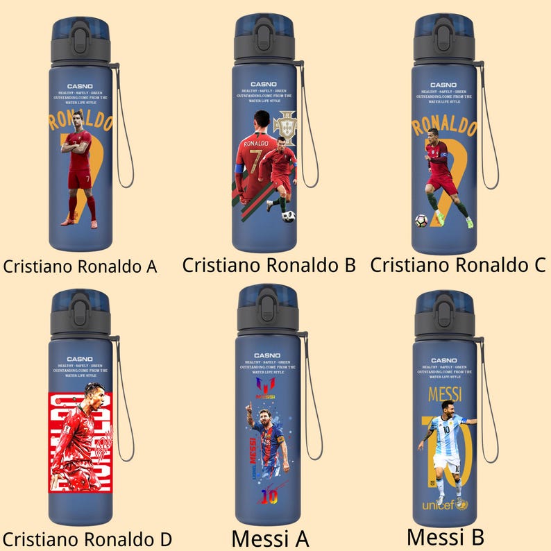 May include: A collection of six blue water bottles featuring images of soccer players Cristiano Ronaldo and Messi. Each bottle has a black lid, a carrying strap, and the player's name. The bottles are labeled with the player's name and a letter.