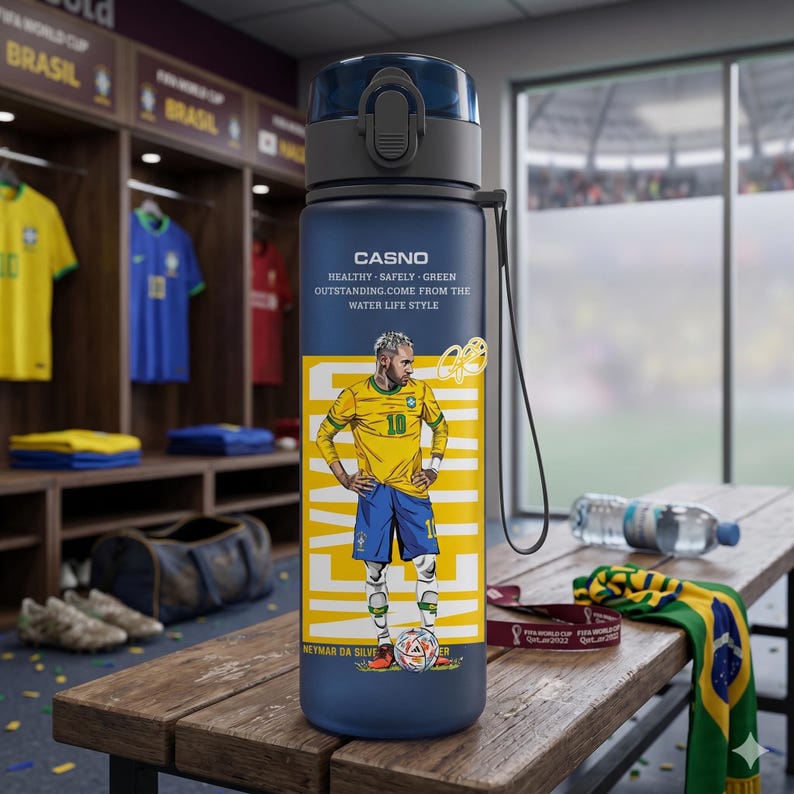 May include: A navy blue water bottle featuring a graphic of a soccer player in a yellow jersey with the number 10. The bottle has a black cap and the text "CASNO" and "HEALTHY. SAFELY. GREEN. OUTSTANDING. COME FROM THE WATER LIFE STYLE."
