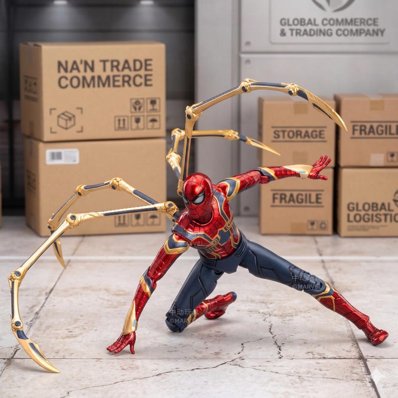 K&ouml;nnte beinhalten: Eine rot-goldene Spider-Man-Actionfigur in dynamischer Pose, mit beweglichen goldenen mechanischen Armen, die sich von ihrem R&uuml;cken erstrecken. Die Figur steht vor Pappkartons mit der Aufschrift "STORAGE" und "FRAGILE".