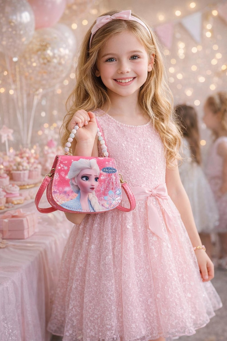 May include: A young girl in a pink dress holds a pink purse featuring a Frozen movie design. The purse has a beaded handle and a shoulder strap. The girl is smiling and wearing a matching pink headband. The background includes party decorations.