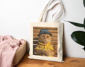 Mr. Noodles Cat in Hawaiian Shirt Tote | Cotton Canvas Tote