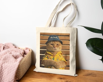 Borsa tote Mr. Noodles con stampa di gatto / Borsa tote in tela di cotone