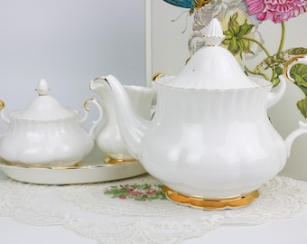 Royal Albert Val d'Or Large Teapot with Large Cream and Sugar with Regal Tray, English Bone China Tea Set, Tea Party, Replacement China