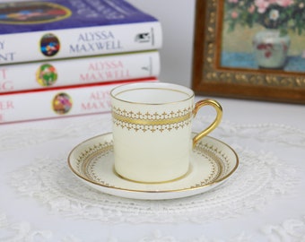 Aynsley Beige och guldfärgad Demitassekopp och fat, engelskt benporslin Demitasse, Ersättningsporslin, Vintageporslin