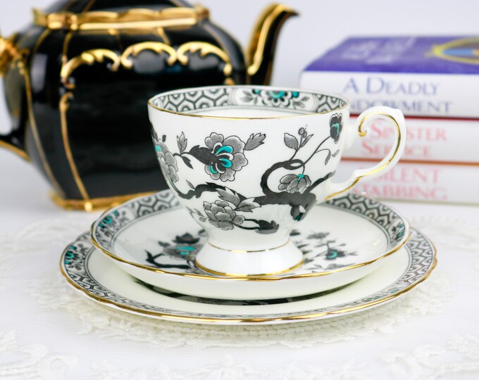 Royal Tuscan Black Mandarin Teacup and Saucer Trio, English Bone China