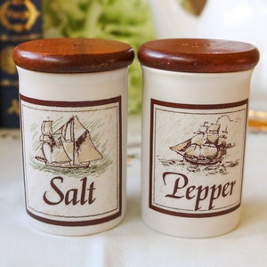 Cooks Workshop Dunoon Ceramic Salt And Pepper Shakers With Wooden Top, Scottish Kitchenware, ca. 1980