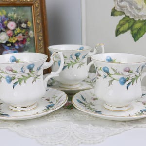 Set of 3 Royal Albert Brigadoon Demitasse Cups and Saucers with Thistle Flowers, English Vintage Bone China Tea Cup Set, Vintage China