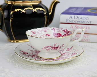 Coalport Cairo Raspberry Pink and White Teacup and Saucer, English Bone China Tea Cup and Saucer, Vintage China, Replacement China
