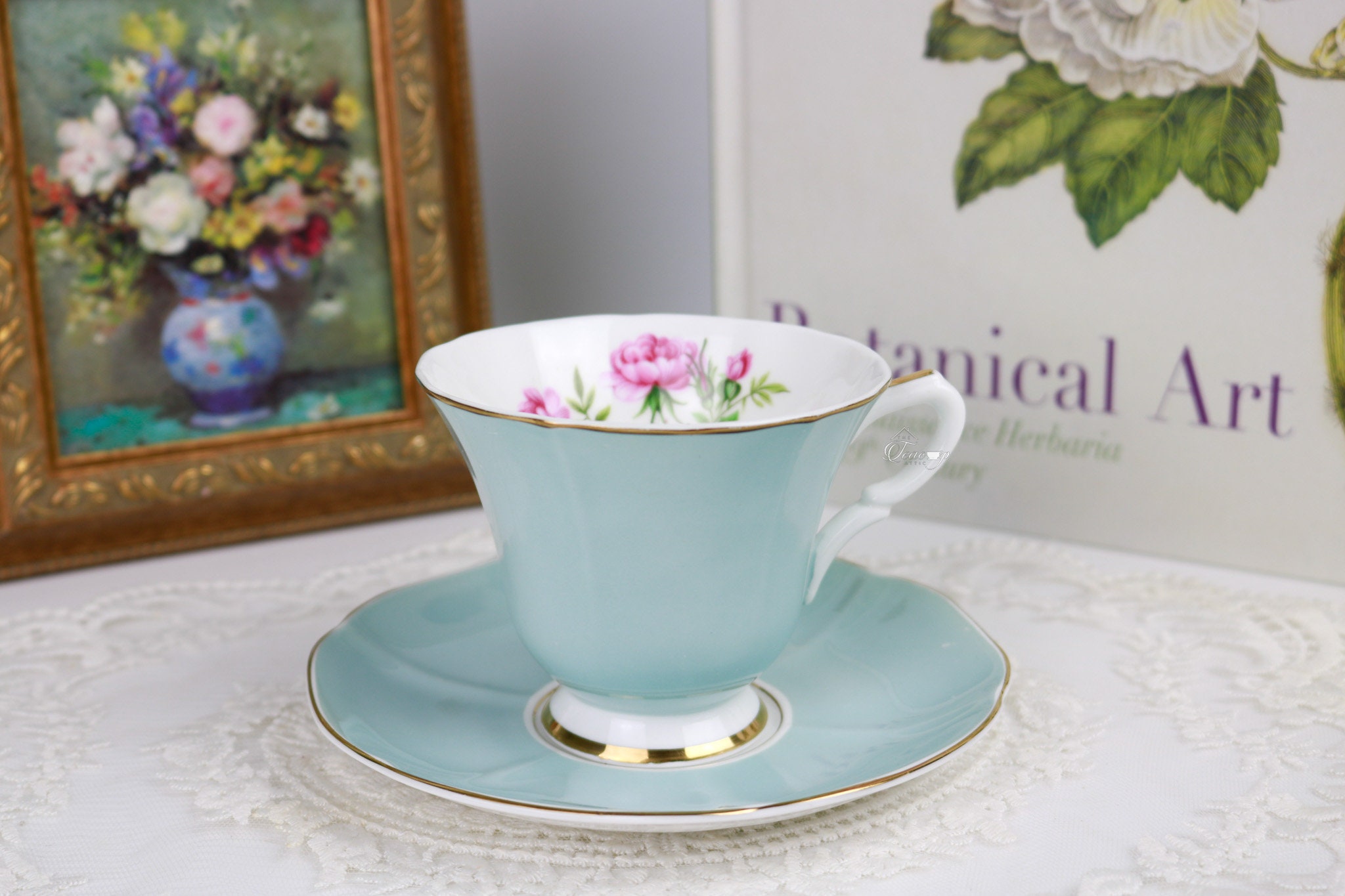 Susie Cooper Pale Blue Floral Teacup and Saucer, English Bone 