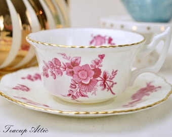 Coalport Red And White Vintage Teacup and Saucer, Antique Cabinet Tea Cup Set, English Bone China Dinnerware, ca. 1926