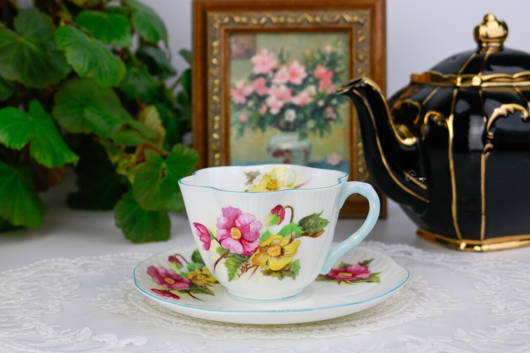 Shelley Begonia Teacup and Saucer, English Bone China Tea Cup and