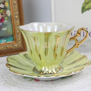 Shafford Japan Pale Yellow Lustreware Teacup and Saucer, Japanese Porcelain Tea Cup and Saucer, Vintage Afternoon Tea Party