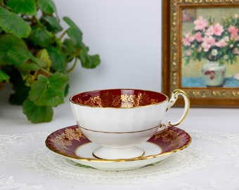 Aynsley Red and White Oban Shaped Teacup and Saucer, English Bone China Tea Cup and Saucer, Replacement China, Vintage China, Tea Party