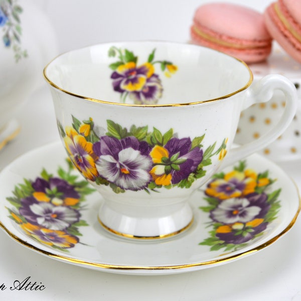 Windsor English Bone China Teacup and Saucer With Pansies, Porcelain Tea Cup Set Pansy Flowers, Tea Party Set, ca. 1950