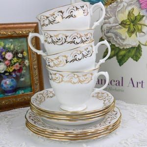 Set of 4 Queen Anne White and Gold Teacup and Saucer Trios, English Bone China Tea Cups, Saucers and Side Plates, Replacement China