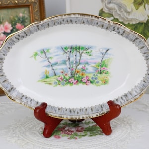 Plateau Royal Albert Silver Birch Regal, plateau anglais en porcelaine tendre, Chine de remplacement, Chine vintage